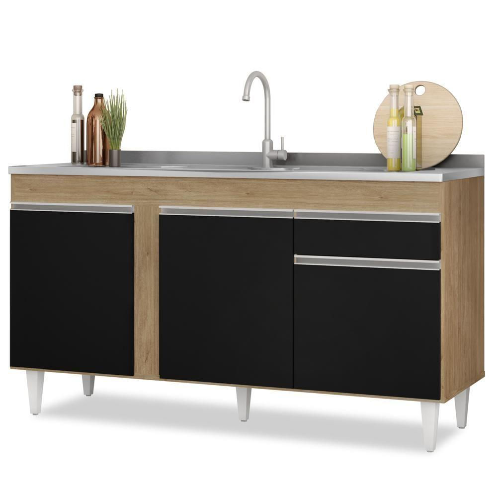 Balcão Gabinete Com Pia Inox 150cm 3 Portas 1 Gaveta Dakota Castanho-preto - Lumil