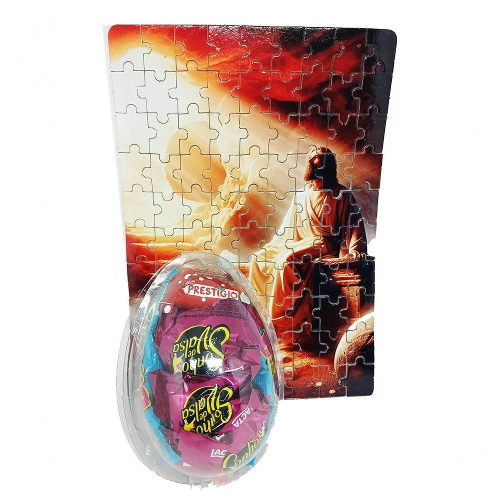 Presente De Páscoa Chocolates E Guloseimas + Quebra-cabeça Infantil Jesus Ressuscitado De 60 Peças