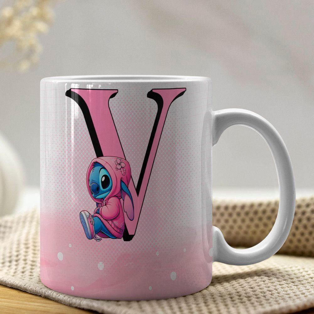 Caneca De Porcelana Stitch Letras A-z 325ml Rosa V