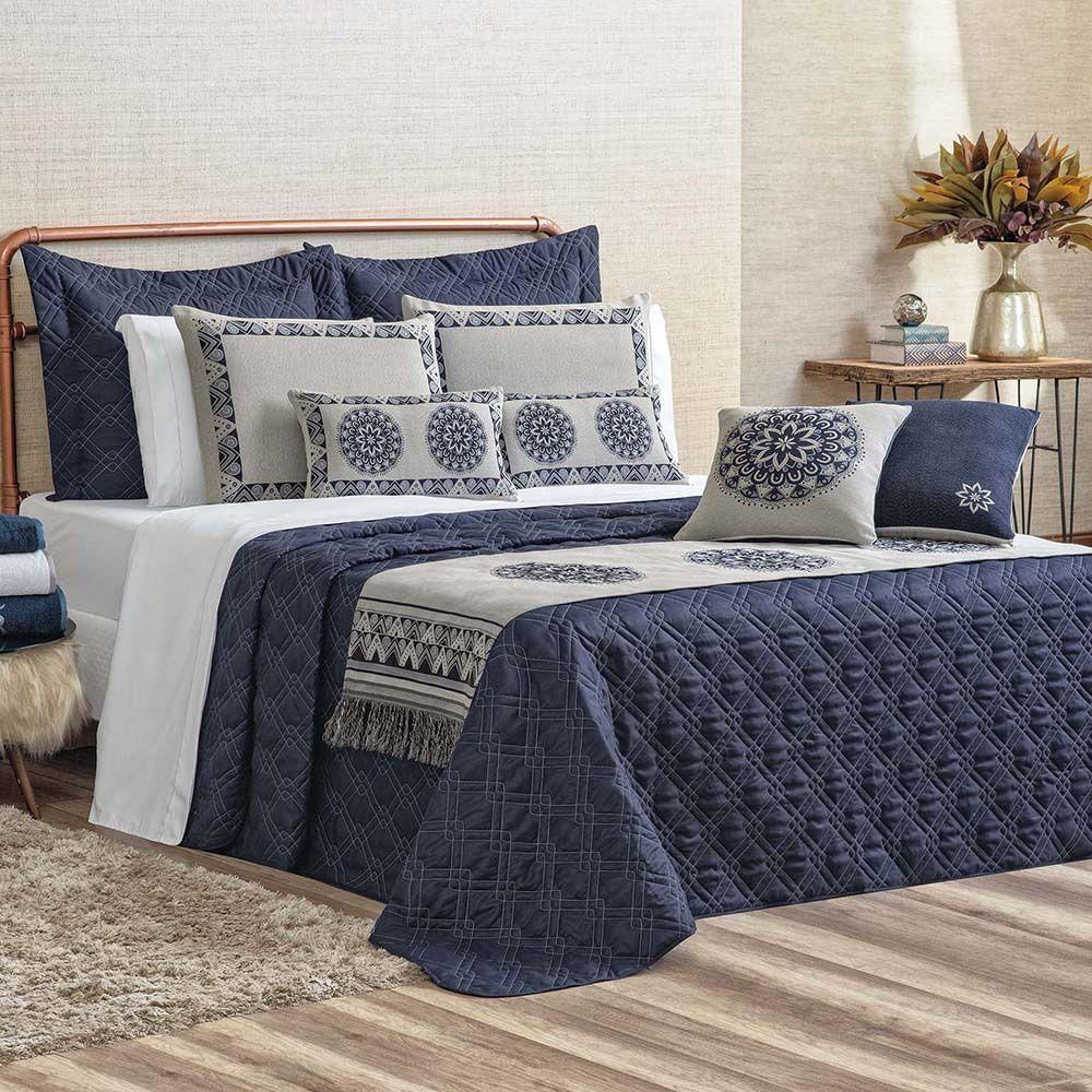 Kit Cobre Leito Colcha Tierry King 5 Peças Hipercal 180 Fios - Azul Marinho