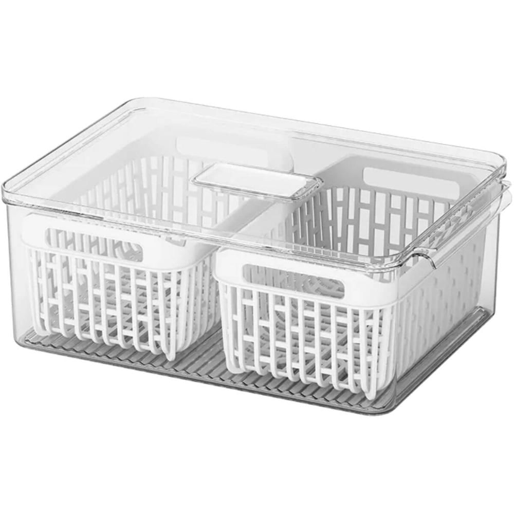 Organizador Caixa de Geladeira 6,7L 2 Cestos Escorredores Coza Dry Vegetais Frutas