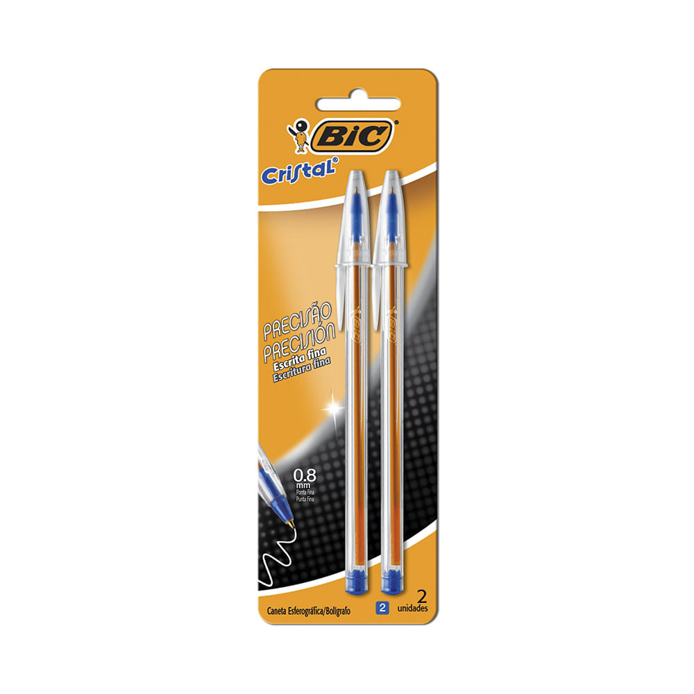 Caneta Esferográfica Bic Cristal Precisão Fina 0.8mm Azul com 2 Unidades
