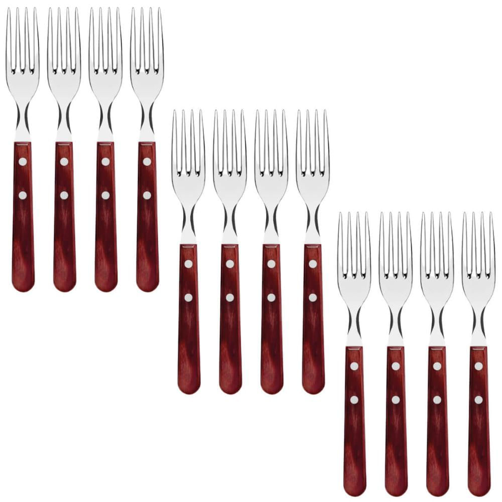 Conjunto 12 Garfos para Churrasco Tramontina Jumbo Aço Inox Cabo Madeira Vermelho Polywood