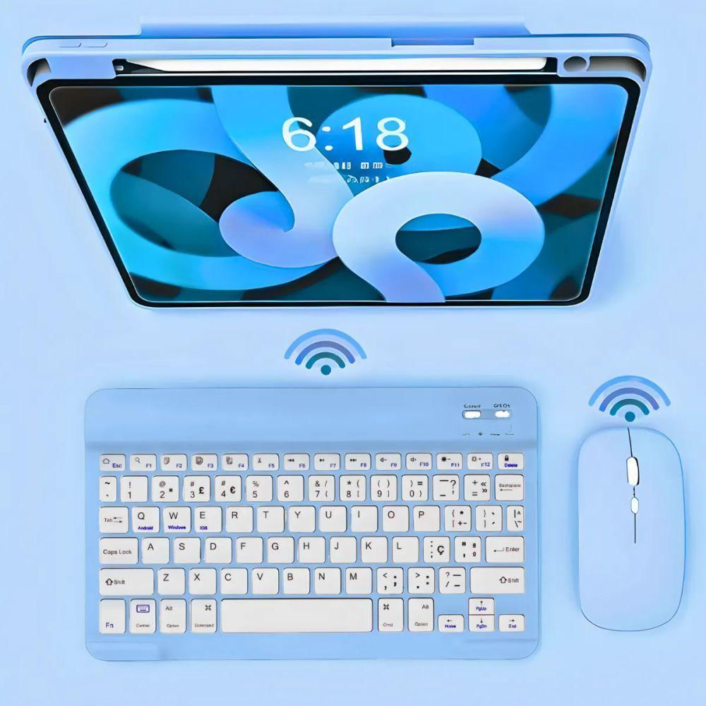 Teclado Sem Fio Bluetooth Recarregável Com Mouse - Azul