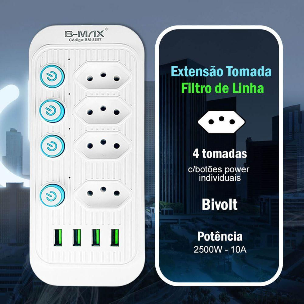 Filtro De Linha Com Usb 2.1a Extensao 4 Tomadas B-max 2m