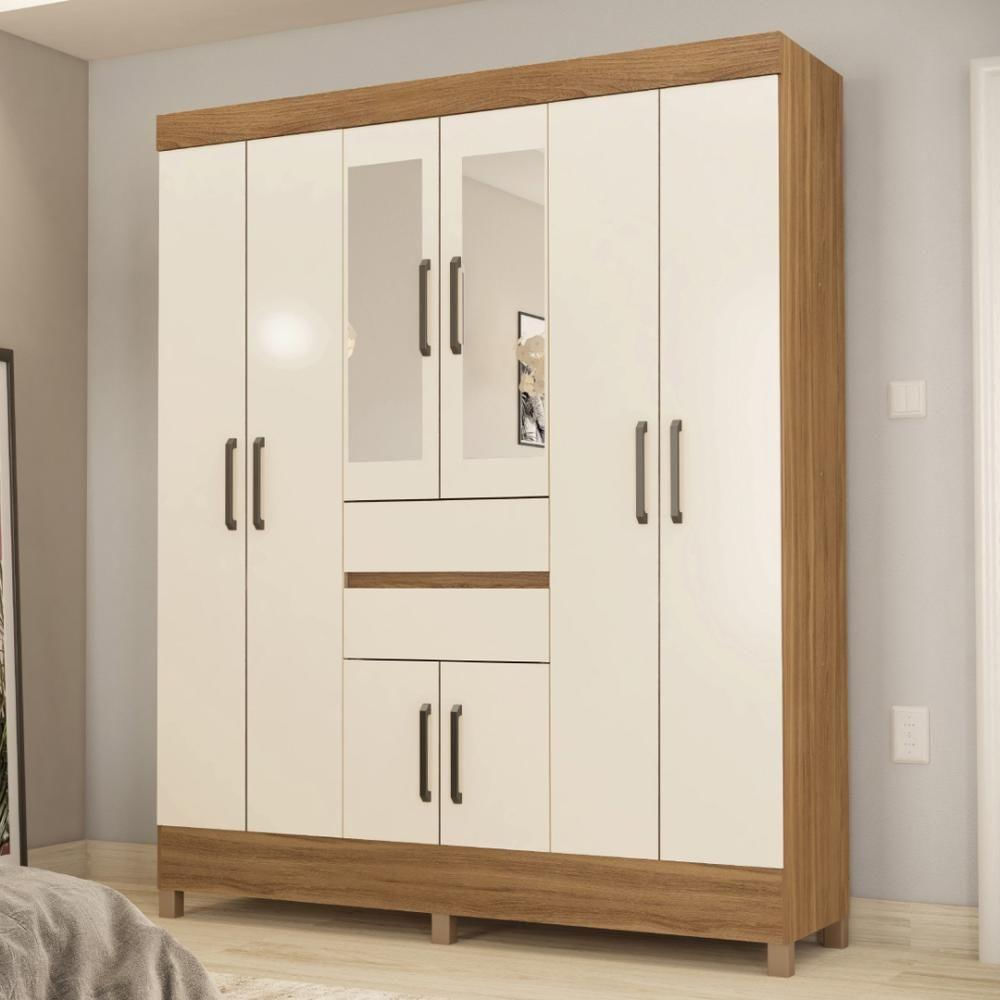Guarda Roupa Casal 8 Portas Com Espelho E 2 Gavetas Paranaguá Amêndola Touch-off White