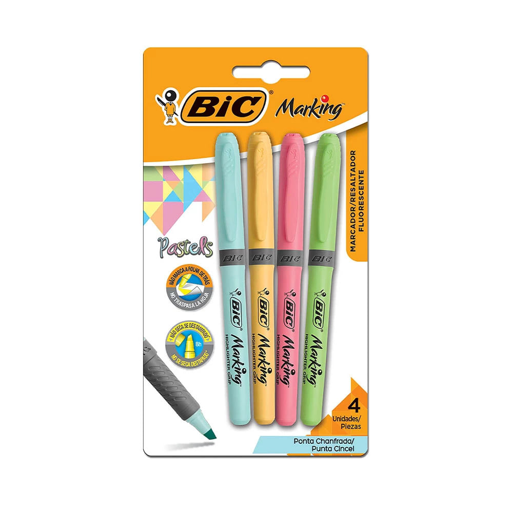 Marcador de Texto Bic Marking Grip Emborrachado 4 Cores Tons Pastel, Amarelo, Rosa, Azul e Verde