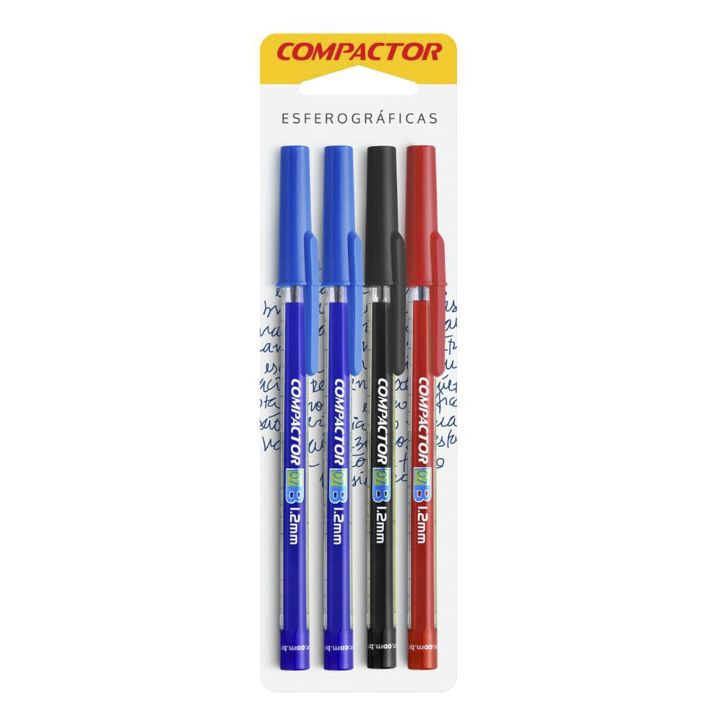 Caneta Esferográfica Compactor 1.2mm 3 Cores com 4 Unidades