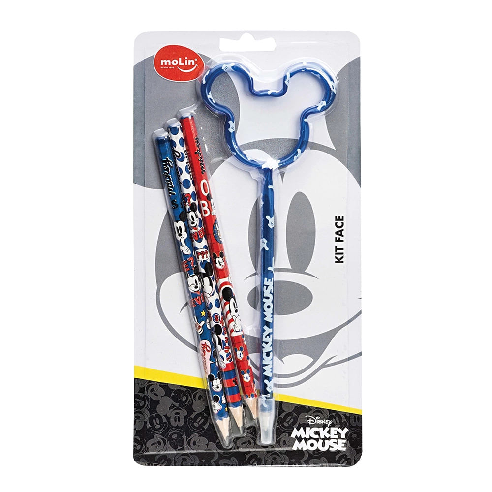 Kit Escolar Molin Face Mickey com 3 Lápis e 1 Caneta