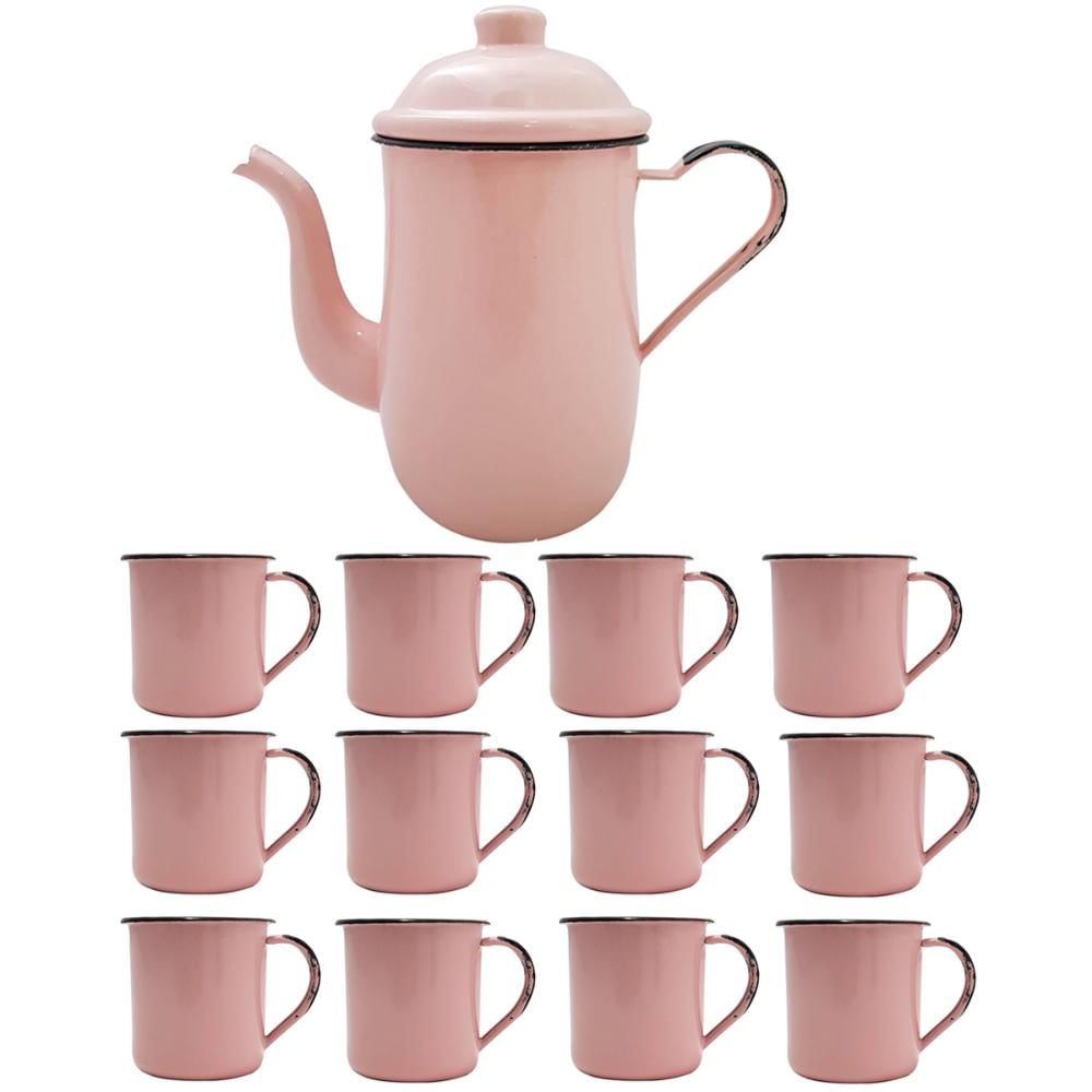 Bule Café Esmaltado 1,25 Litros e 12 Xícaras 70ml Tradicional Rosa
