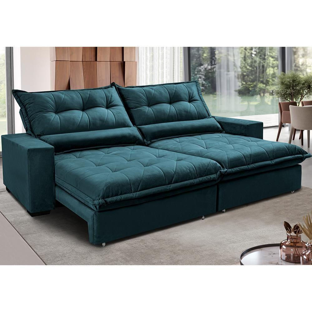 Sofa Retrátil E Reclinável 2,52m Com Molas Ensacadas Cama Inbox Soft Tecido Velusoft Petróleo
