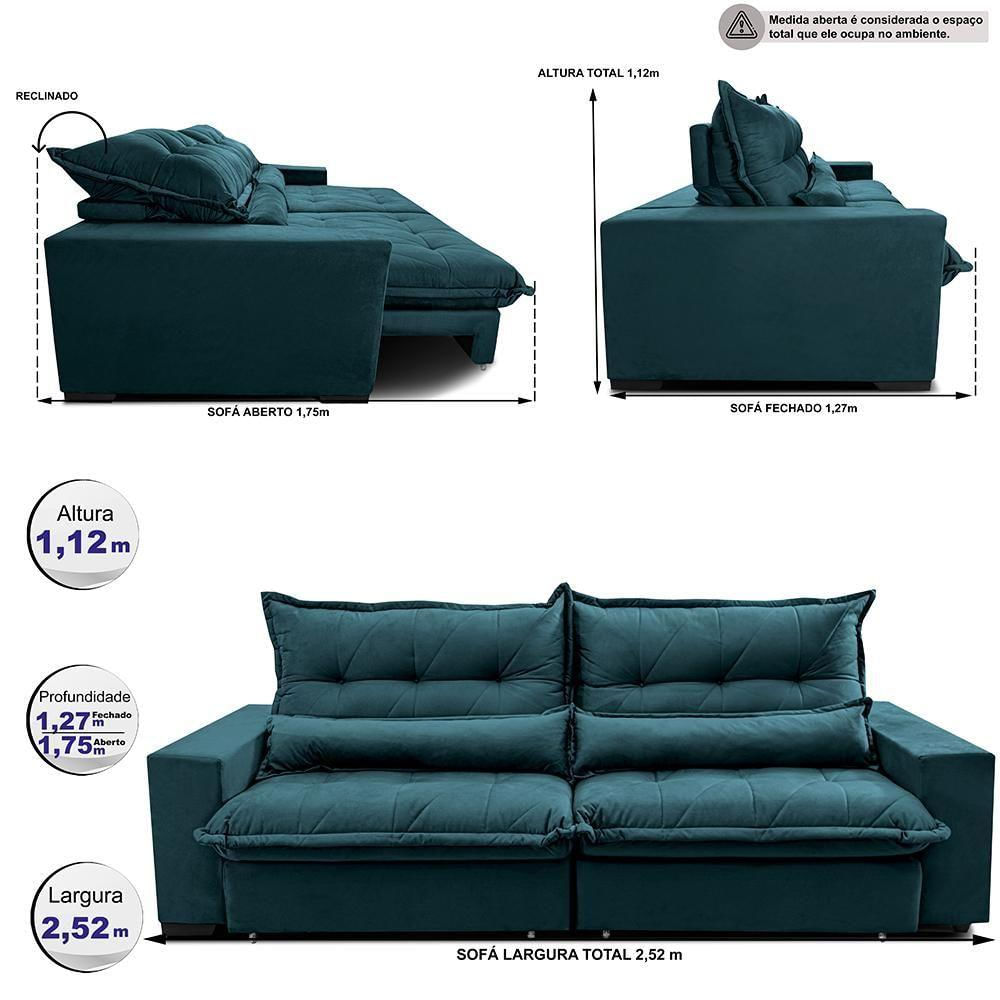 Sofa Retrátil E Reclinável 2,52m Com Molas Ensacadas Cama Inbox Soft Tecido Velusoft Petróleo