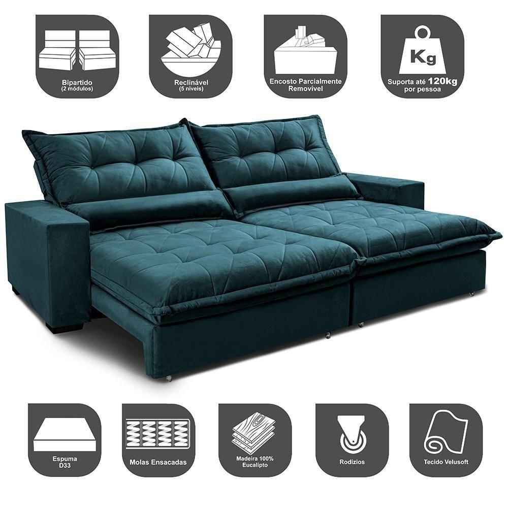 Sofa Retrátil E Reclinável 2,52m Com Molas Ensacadas Cama Inbox Soft Tecido Velusoft Petróleo