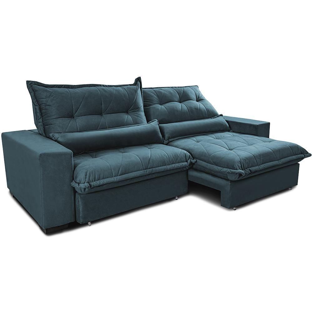 Sofa Retrátil E Reclinável 2,52m Com Molas Ensacadas Cama Inbox Soft Tecido Velusoft Petróleo