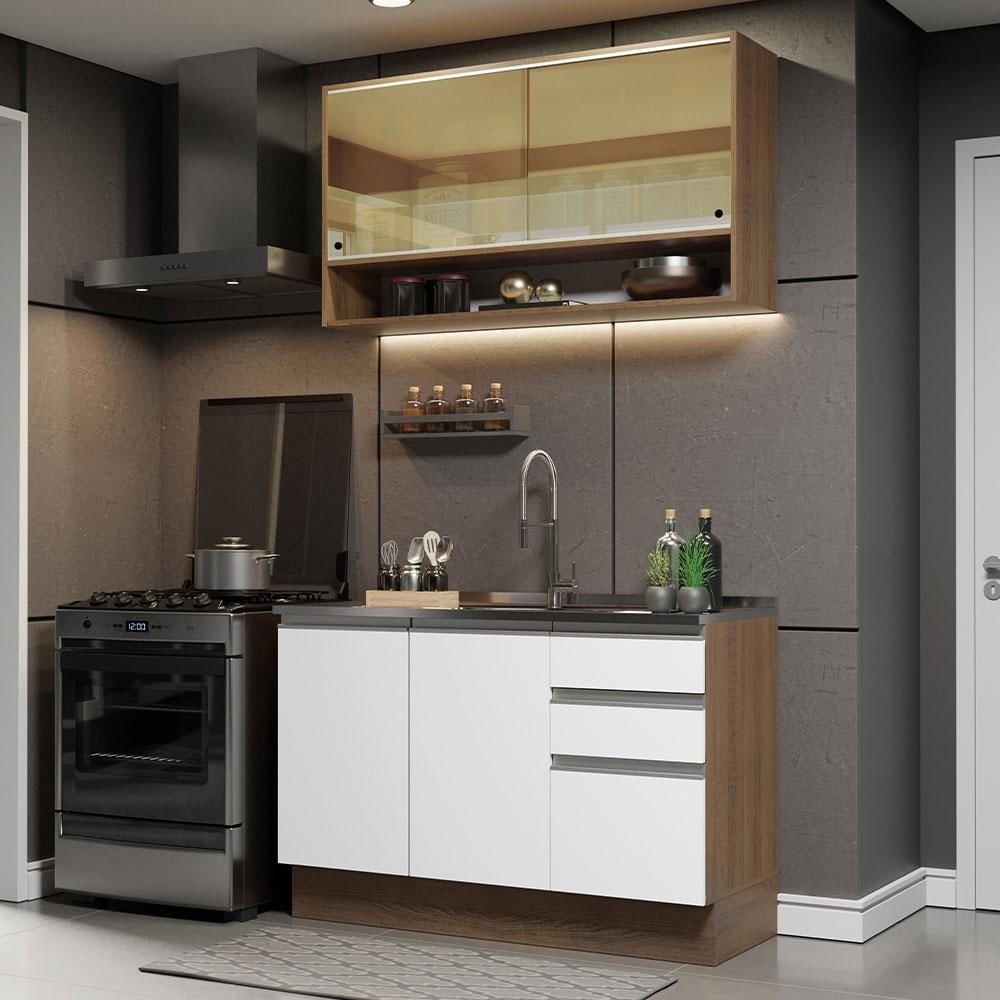 Armário de Cozinha Compacta 120cm Rustic/Branco Glamy Madesa 02