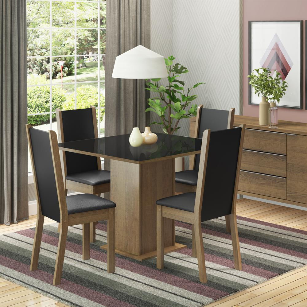 Conjunto Sala de Jantar Madesa Moscou Plus Mesa Tampo de Vidro 4 Cadeiras - Rustic/Preto/SintPreto