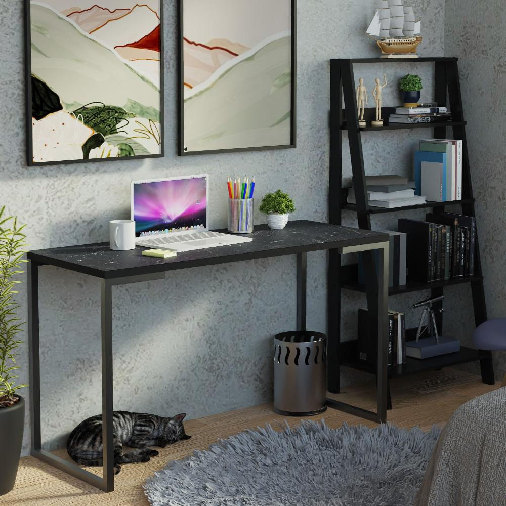 Conjunto Escritório Home Office com Mesa Industrial + Estante Escada Preto Madesa