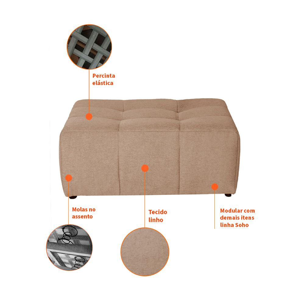 Sofá Modular 3 Lugares com Puff Soho Linho Bege