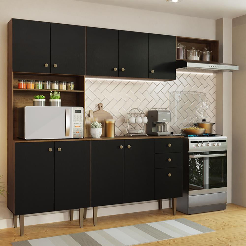 Armário de Cozinha Compacta 235cm Rustic/Preto Gourmet Madesa 02