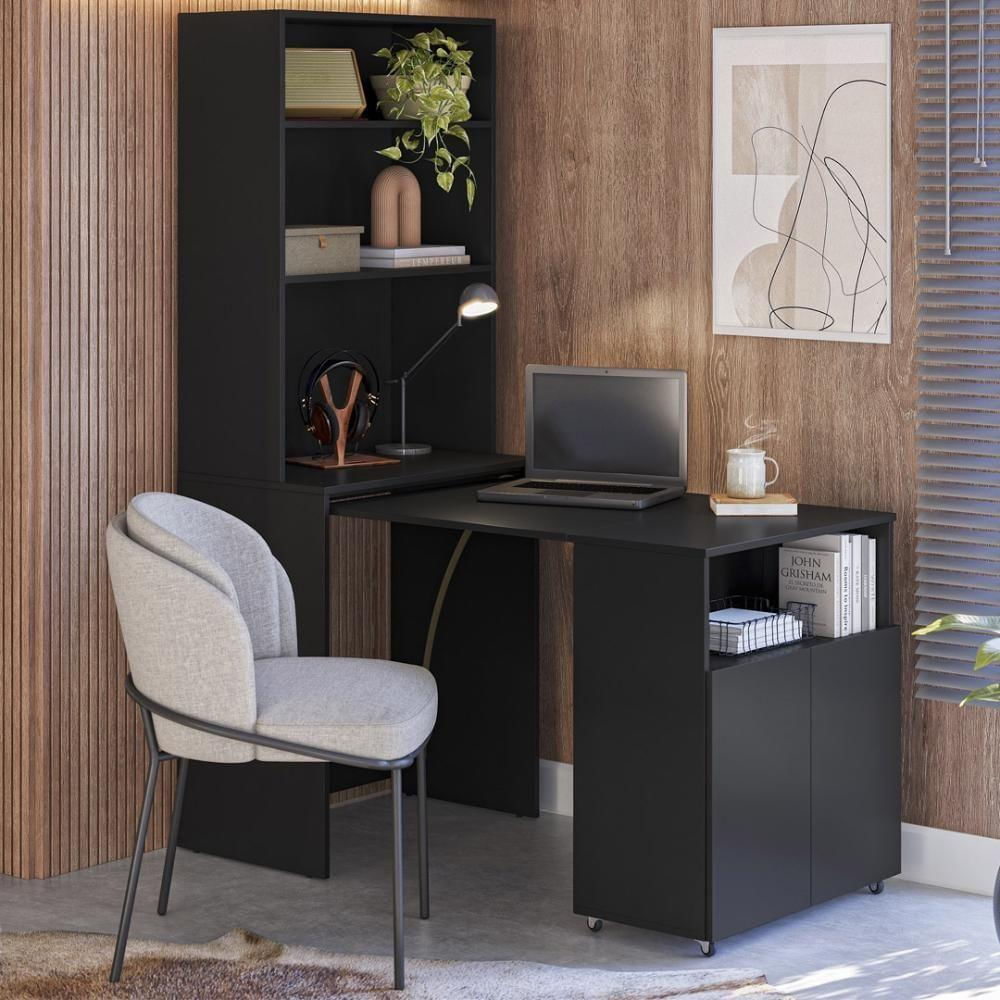 Armário Escrivaninha 2 Portas Com Mesa Retrátil Duo - Preto