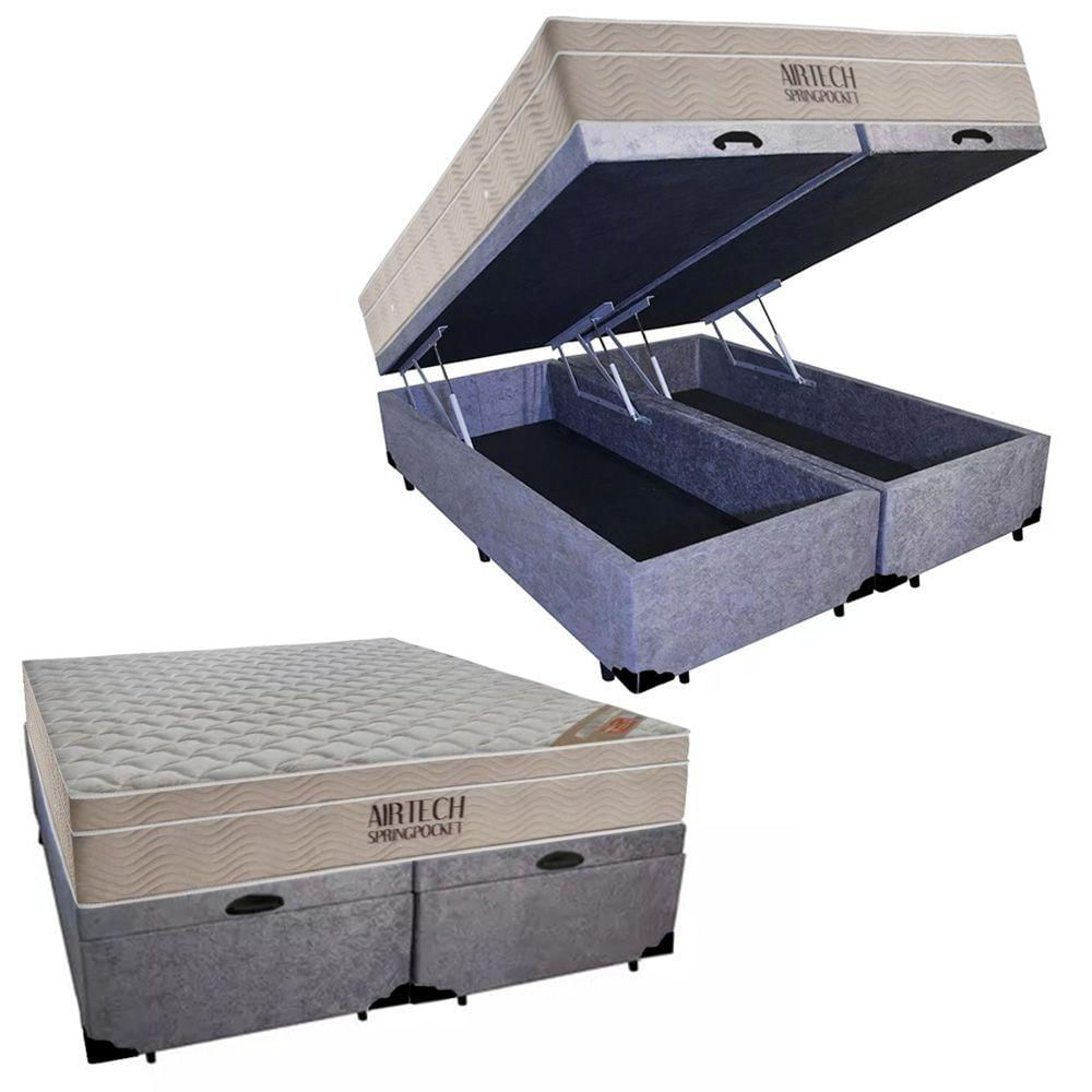 Cama Box Baú King Suede Bipartido + Colchão Ortobom Airtech Molas Ensacadas 193x203x65 Cor:cinza