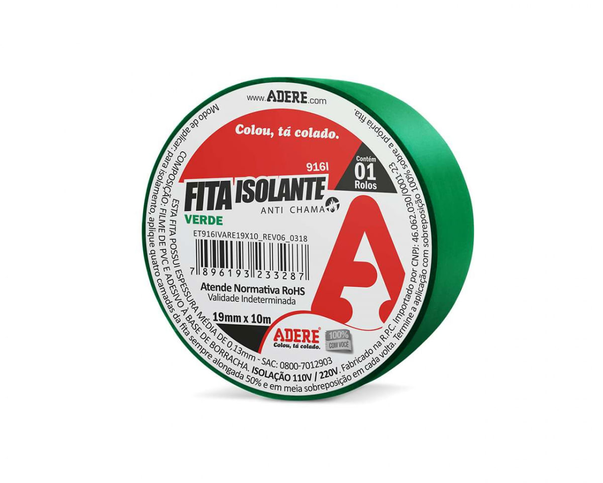 Fita Isolante Adere Colorida 19Mmx10M Verde