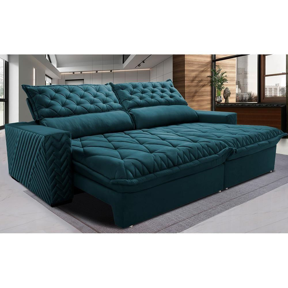 Sofá Retrátil E Reclinável 3,15m Molas Ensacadas Cama Inbox Spazus Com Bordado 3d Velusoft Petróleo