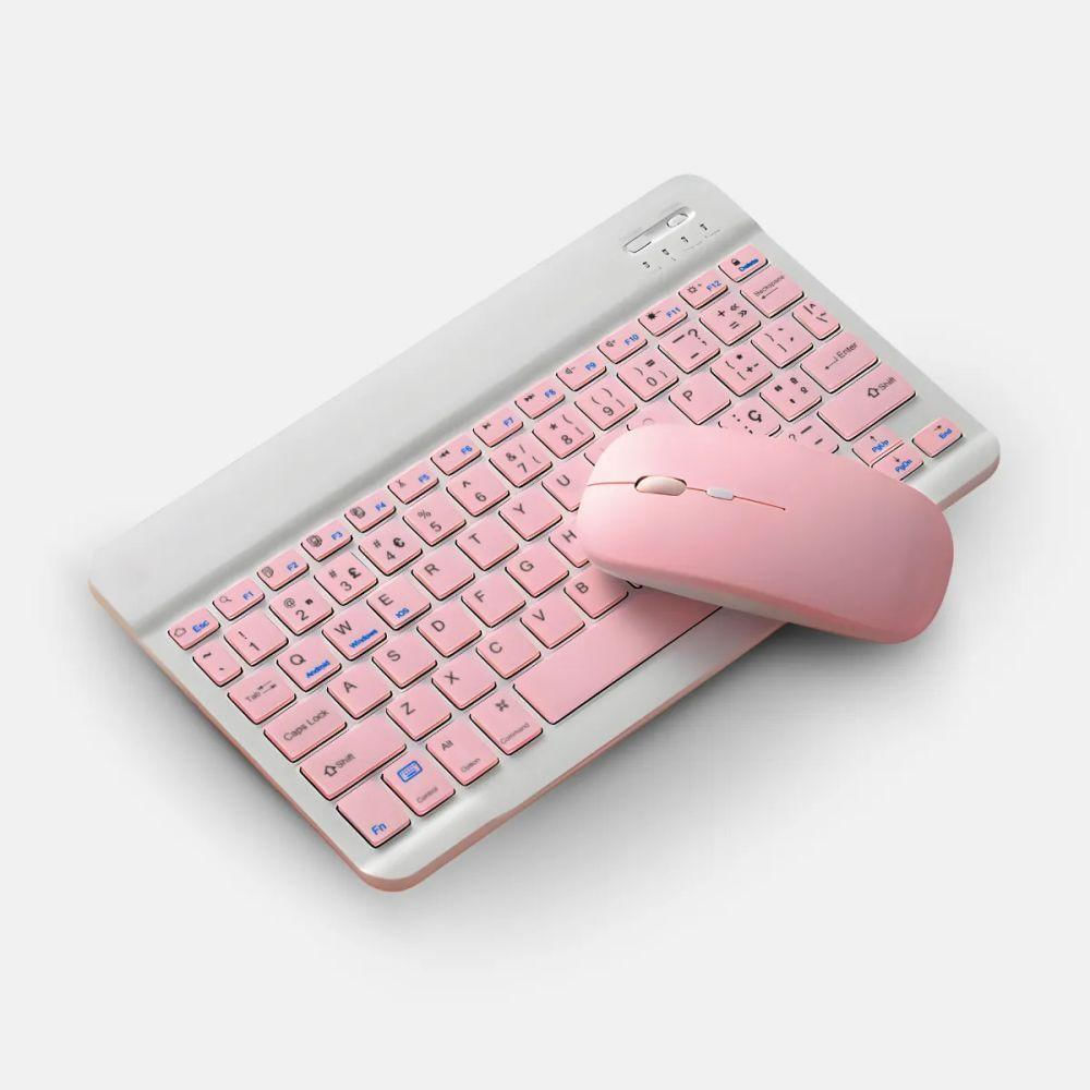 Teclado Bluetooth Sem Fio Recarregável Com Mouse - Branco Com Rosa
