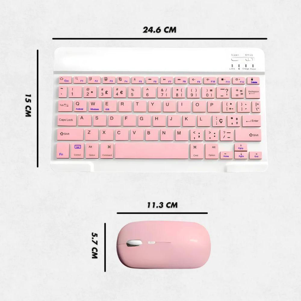 Teclado Bluetooth Sem Fio Recarregável Com Mouse - Branco Com Rosa