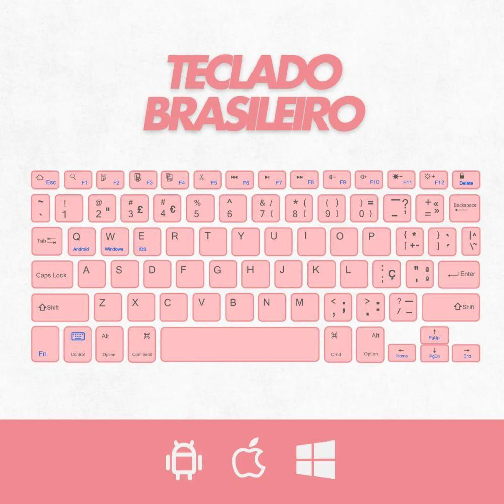 Teclado Bluetooth Sem Fio Recarregável Com Mouse - Branco Com Rosa