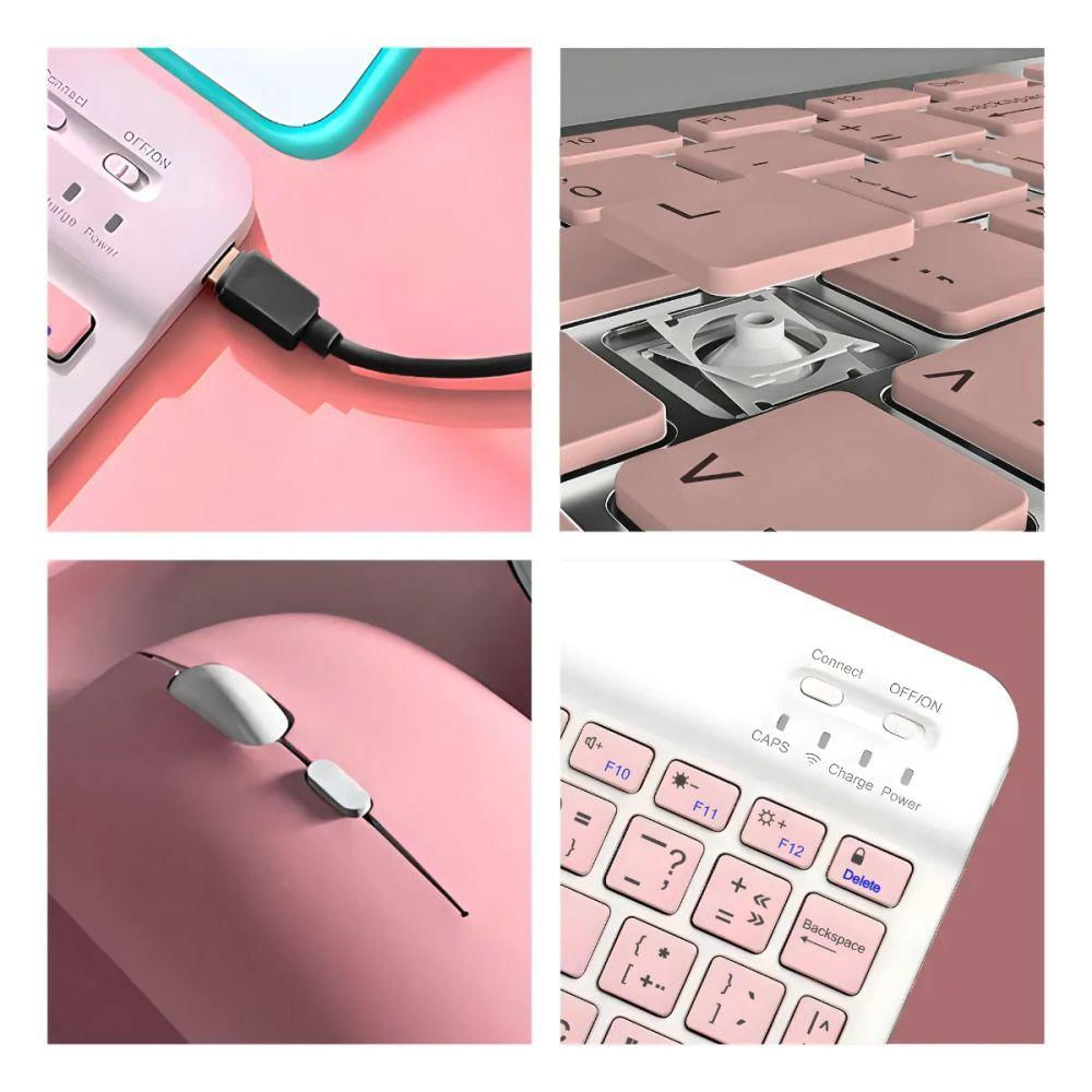 Teclado Bluetooth Sem Fio Recarregável Com Mouse - Branco Com Rosa