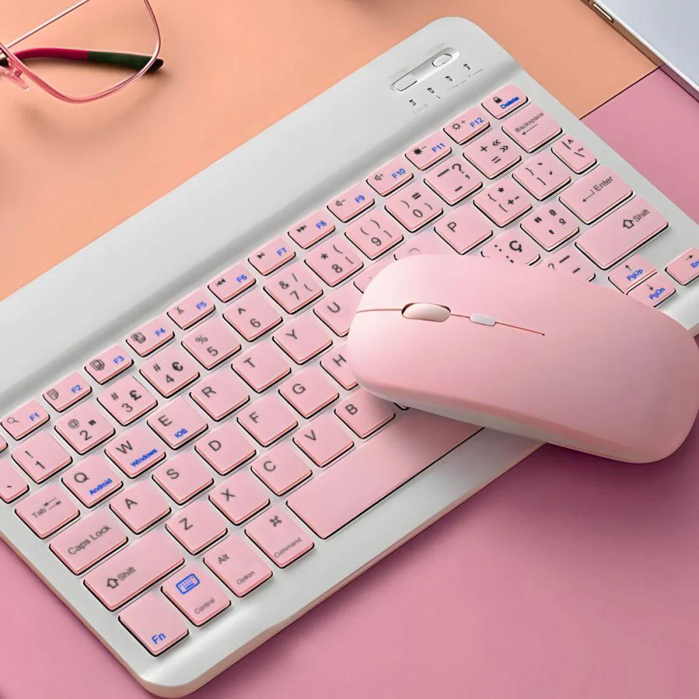 Teclado Bluetooth Sem Fio Recarregável Com Mouse - Branco Com Rosa
