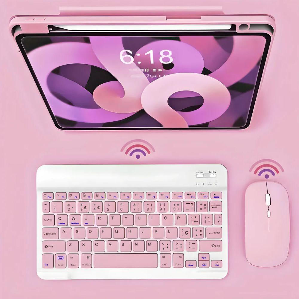 Teclado Bluetooth Sem Fio Recarregável Com Mouse - Branco Com Rosa