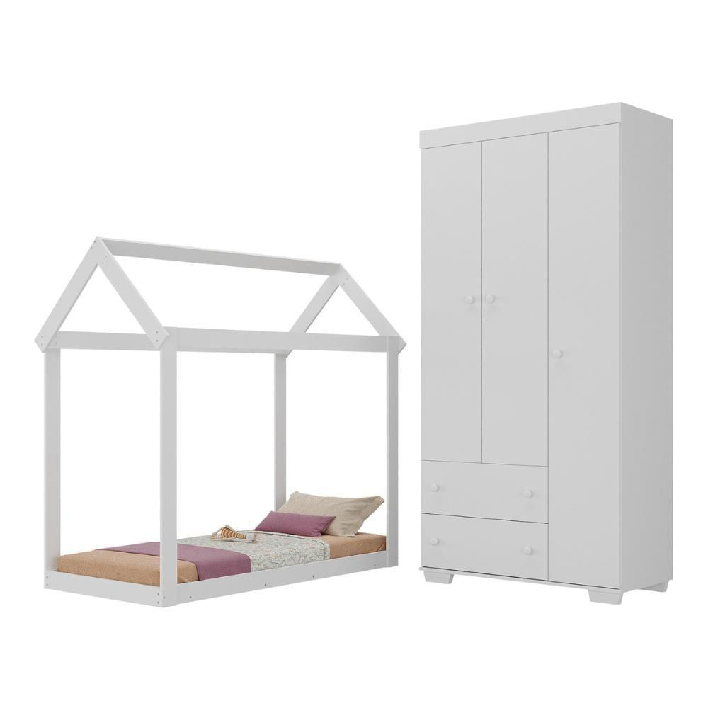 Quarto Infantil Com Cama Montessoriana E Guarda-roupas Algodão Doce Multimóveis Mx4275 Branco