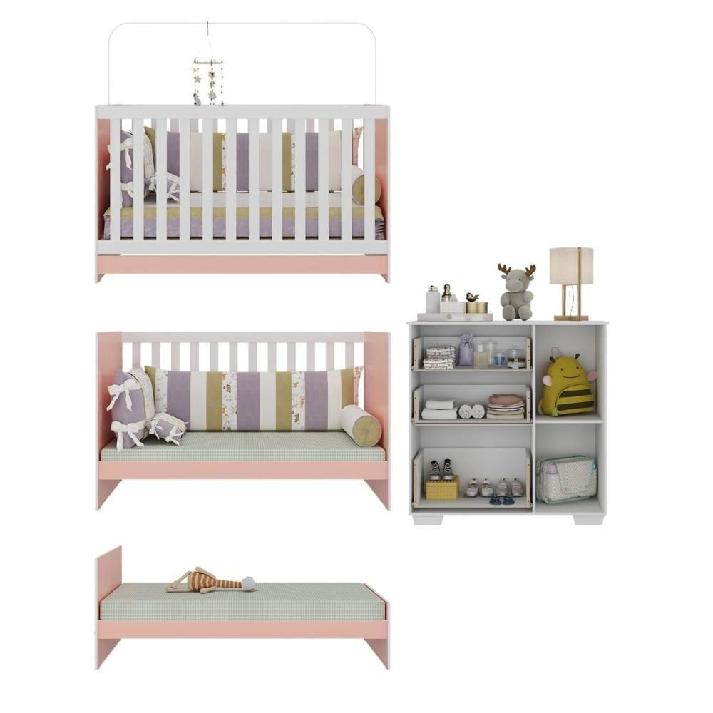 Quarto Infantil Com Berço Colchão Incluso E Cômoda Algodão Doce Multimóveis Mp4250 Branco/rosa