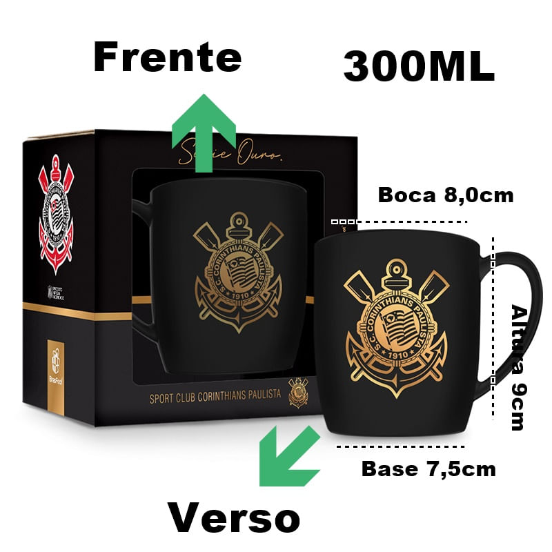 Caneca Porcelana Premium BrasFoot Corinthians Serie Ouro 300ML Urban Licenciada Preto