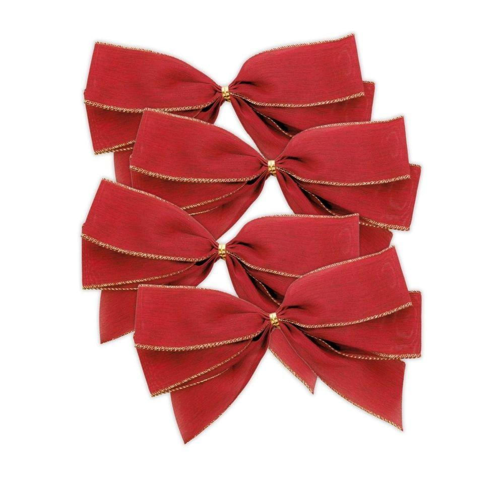 Kit Laços Natal Veludo Vermelho Dourado 25cm - 4 Unidades