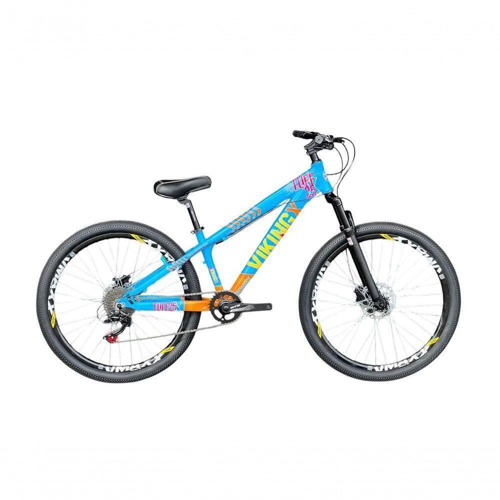 Bicicleta Aro 26 Vikingx Azul Laranja 1x8 Freios Hidráulicos Câmbios Shimanos