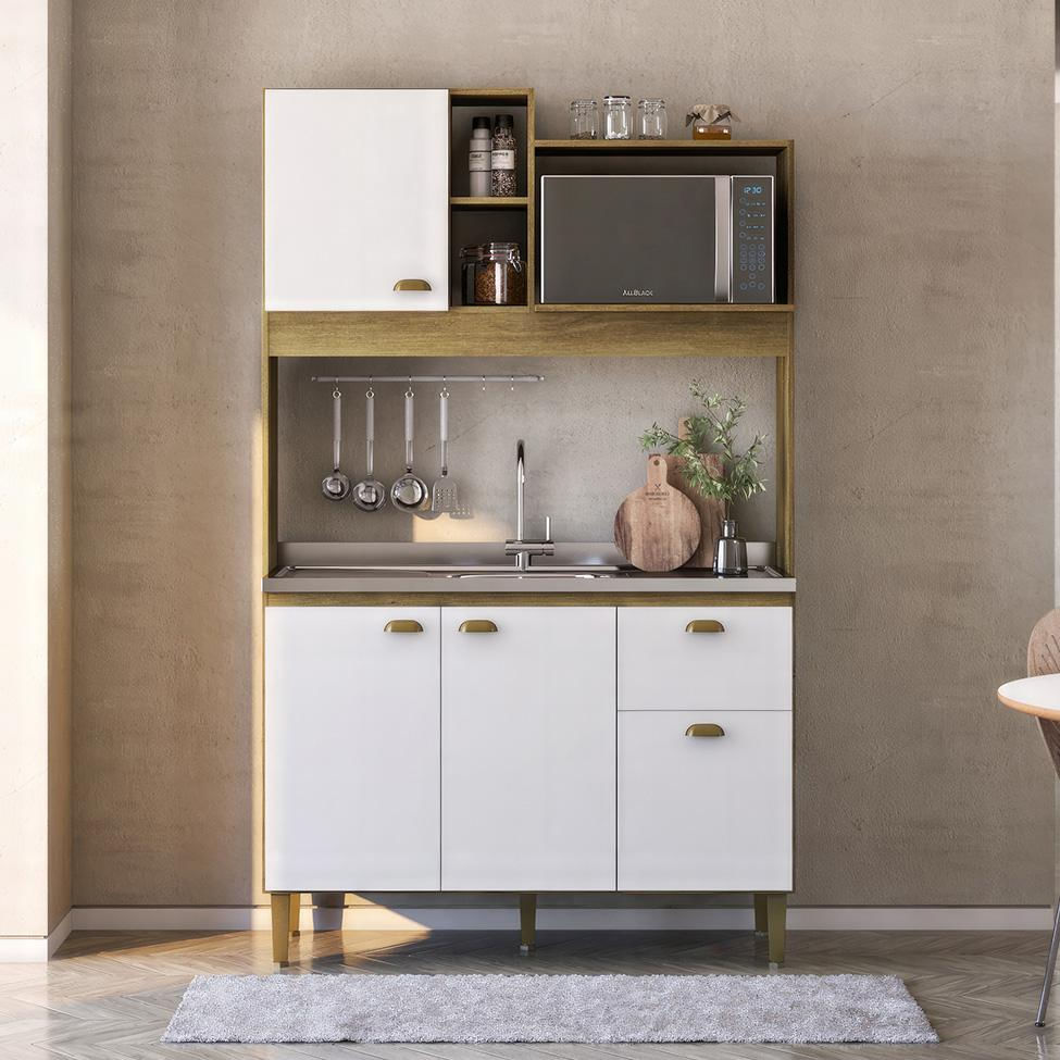 Cozinha Compacta Azaléia 4 PT 1 GV Mel e Branco