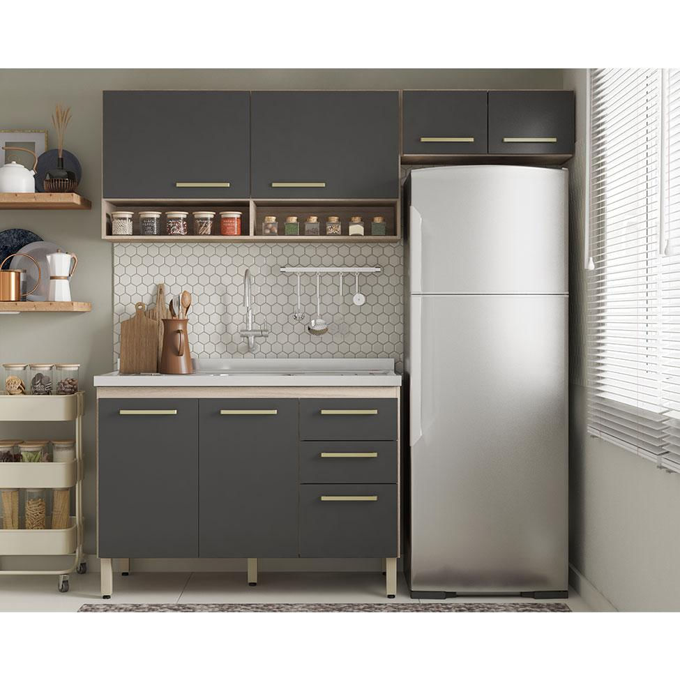 Cozinha Compacta Dama 7 Portas 3 Gavetas Avena e Grafito