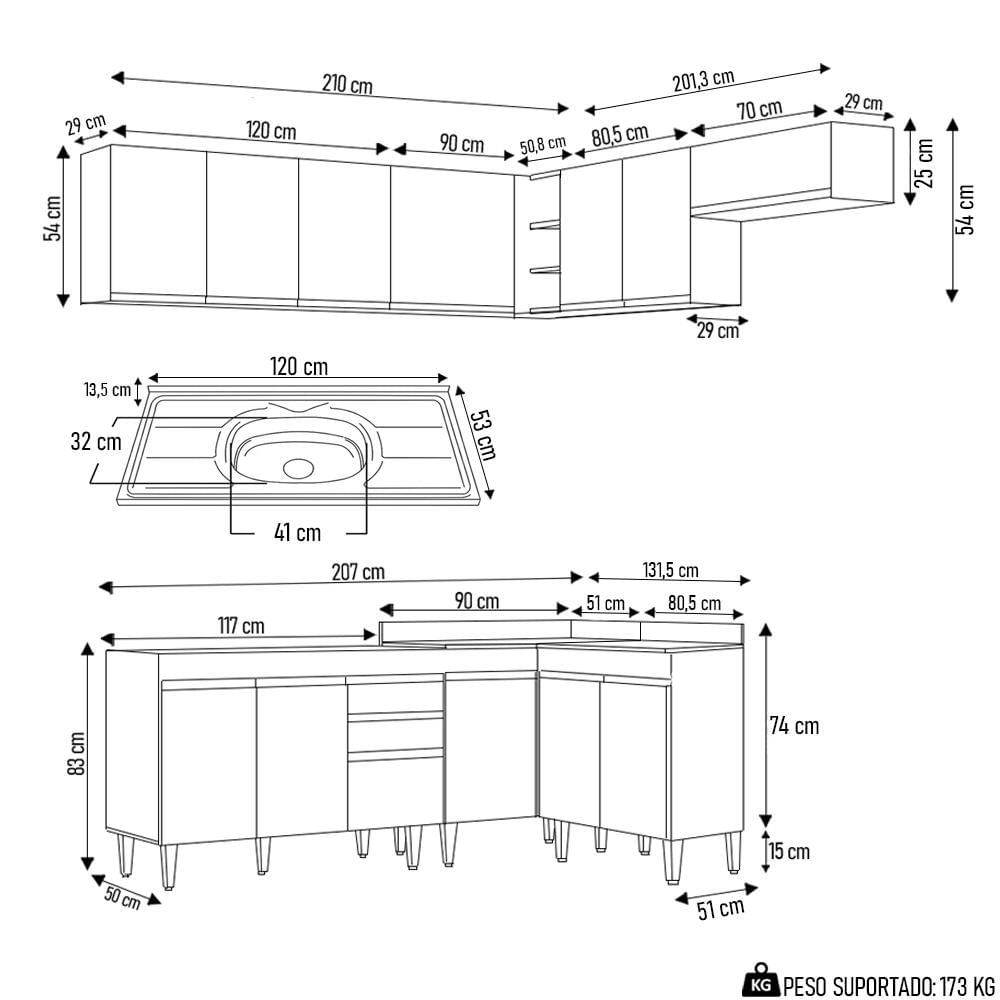 Armário de Cozinha Modulado de Canto 7 Peças CP21 com Pia Inox Branco/Preto - Lumil