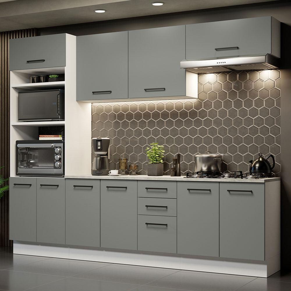 Cozinha Completa Madesa Agata 270002 com Armário e Balcão (Com Tampo) - Branco/Cinza