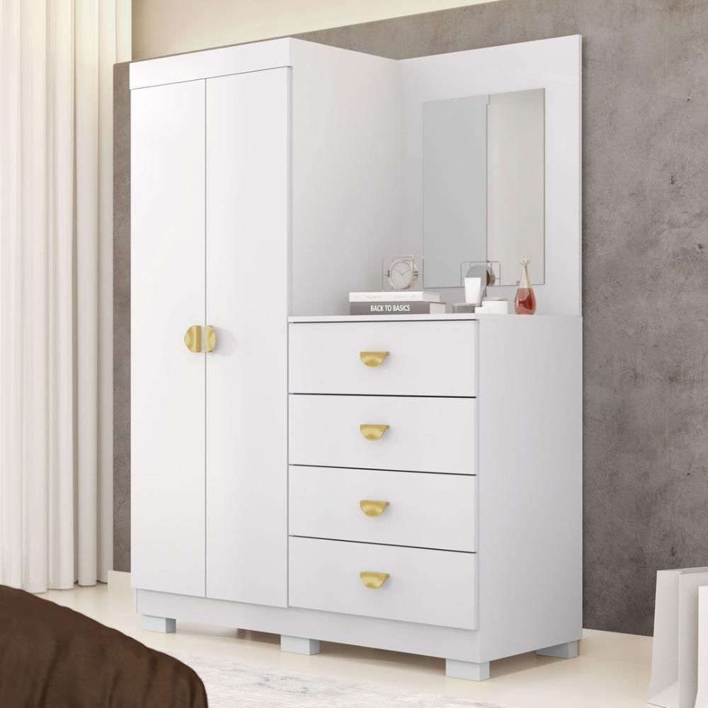Cômoda Roupeiro Com Espelho 2 Portas 4 Gavetas Cristal - Branco/camarim