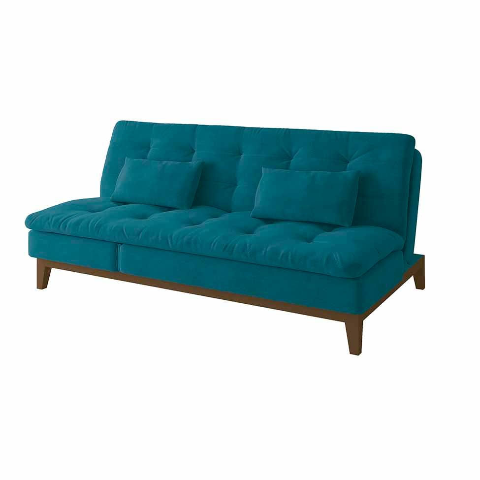 Sofá-Cama 3 Lugares Casal Amanda com Pés de Madeira Suede Azul