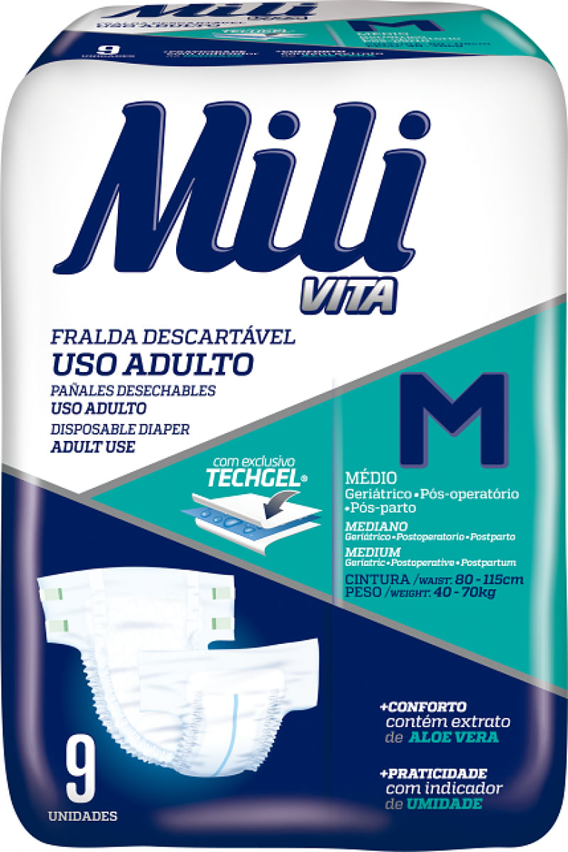 Fralda Geriátrica Mili Vita Tamanho M  1 Pacote com 9 fraldas com Super Gel Absorvente Mais Conforto