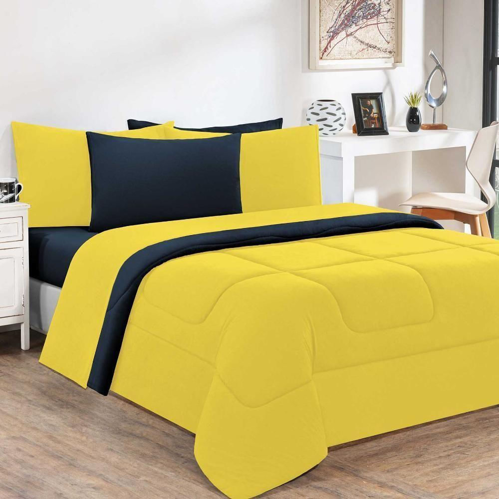 Kit Edredom + Jogo De Lençol Malha 100% Algodão Gran Moratta 7 Peças Casal - Amarelo-azul Marinho - design resistente