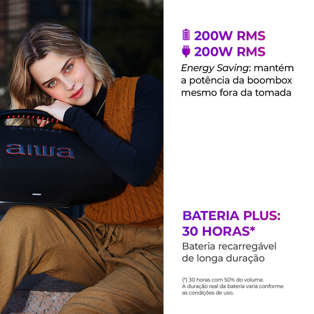 Caixa de Som Boombox Plus AIWA BBS-01-B 200W Bluetooth 30H IP66 USB Preto