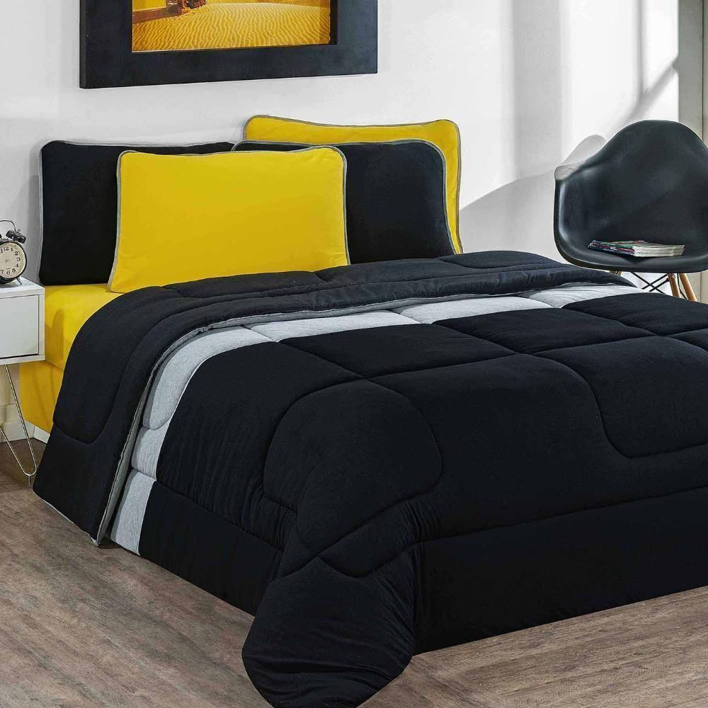 Kit Edredom + Jogo De Lençol Malha 100% Algodão Urbano 6 Peças King - Preto-mescla-amarelo - Durabilidade Excepcional!