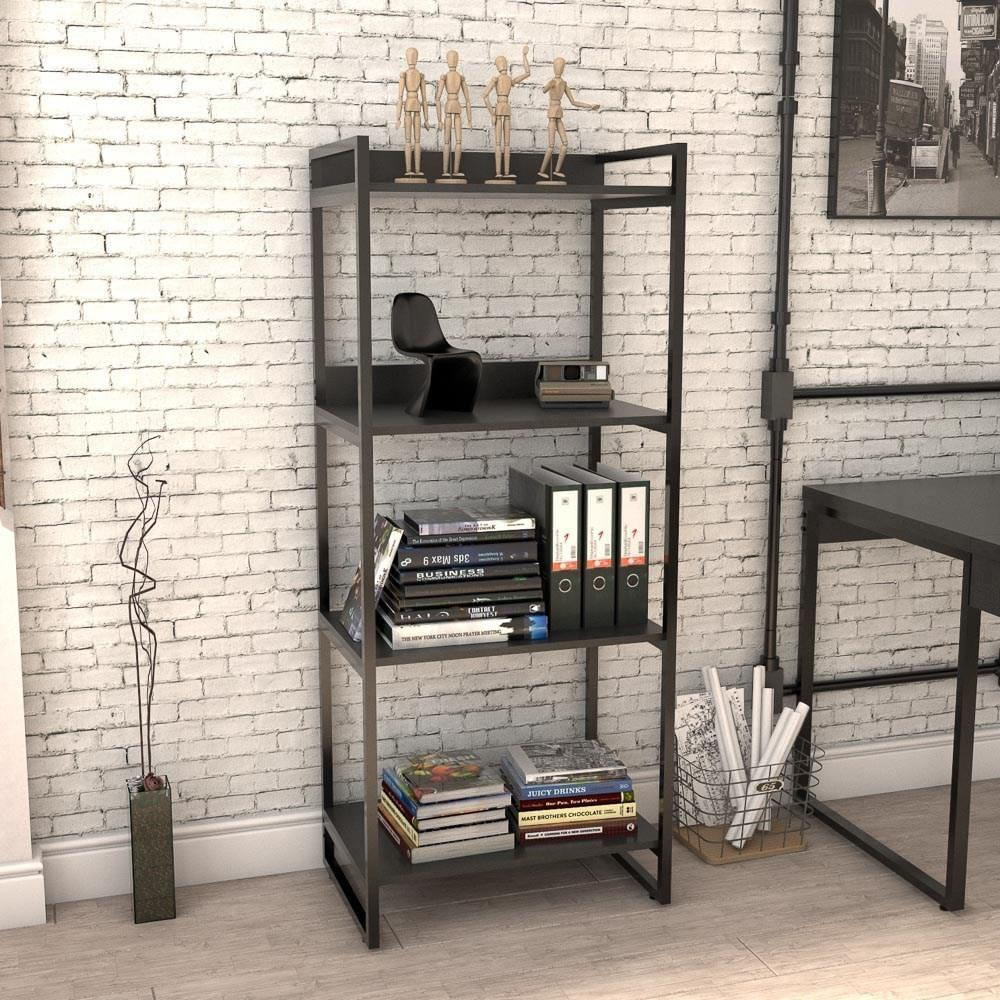 Estante Livreiro Prisma Estilo Industrial 60cm 4 Prateleiras C08 Preto Onix - Mpozenato