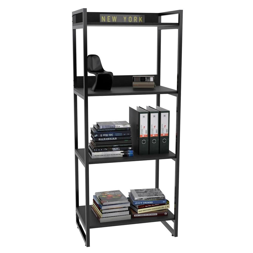 Estante Livreiro Prisma Estilo Industrial 60cm 4 Prateleiras C08 Preto Onix - Mpozenato